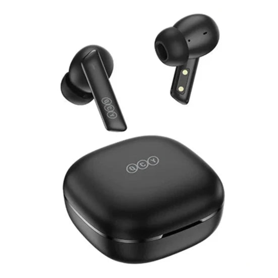 Auriculares QCY HT05 pretos com caixa de carregamento compacta e design ergonómico Auriculares QCY HT05 pretos com caixa de carregamento compacta e design ergonómico